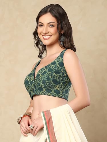 S SALWAR STUDIO Green Ajrak Sweetheart Neck Sleeveless Readymade Saree Blouse