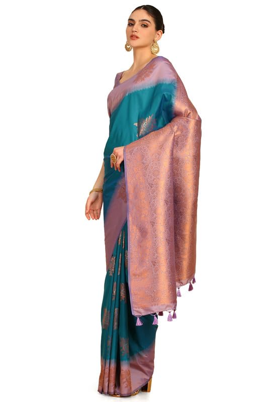 Soch Womens Turquoise Blue Floral Zari Woven Design Silk Blend Saree With Tassels