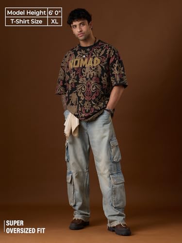 The Souled Store Nomad: Relic Men and Boys Short Sleeves Round Neck Black Printed and Embellished Comfortable Casual Streetwear Trendy Cotton Super Oversized T-Shirt