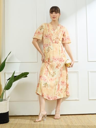 Latin Quarters Women's Yellow Half Sleeves V-Neck Casual Printed Dress_XXL