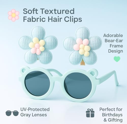 Tresneria Round Mint Blue Bear Sunglasses with Blue Flower Hair Clips | Stylish Kids Combo for Summer, Travel & Birthday Gifts Set of 2