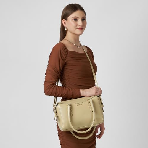 Caprese Macie Small Satchel Bag for Women | Solid Faux Leather Handbag with Adjustable & Detachable Strap | Stylish Shoulder Bag with Zipper Closure | Everyday Office, Travel & Casual (Alpine Oat)