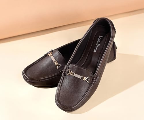LOUIS STITCH Women’s Brown Premium Slip-On Loafers with Buckle | Elegant Solid Slip-On Comfort Shoes for Casual and Formal Wear | Slip-On Loafer Shoes for Women | LSLD-BLR-HS04-BB | UK-7