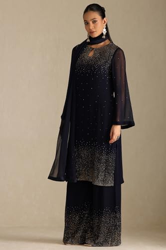 Soch Womens Navy Blue Georgette Suit Set With Stone Work
