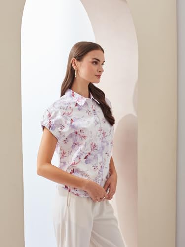 Latin Quarters Women's White Short Sleeves Collared Casual Printed Shirt_S