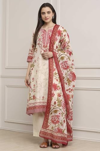 Biba Women Off White Cotton Printed Straight Suit Set_32