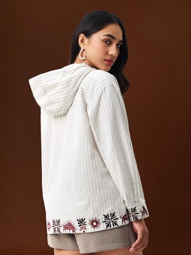 The Souled Store Nomad: Script & Stone Women and Girls Full Sleeves Hooded Printed Cotton Linen Oversized Fit Lightweight Comfortable All-Season for Casual Streetwear Boyfriend Shirts