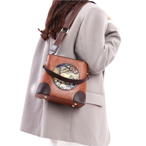 MAIRO LIFESTYLE PU Leather Handbag Retro Embossing Mandala Designer Purse Organizer Handmade Italian Purse for Women (C - Elephant Satchel Tan)