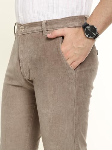 Hancock Men Cotton Solid Slim Fit Trousers Beige Size 32, Durable Fabric with a Tailored Finish, Classic Silhouette with Modern Comfort, Soft Breathable Fabric for All Day wear
