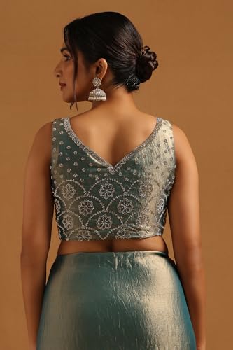 Soch Womens Light Teal Fendy Organza Saree With Swarovski Stone