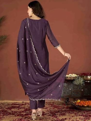 VARNI FABRICS: A lady's First Love Women's Wine Vichitra Embroidered Kurta With Pants And Embroidered Dupatta, Ethnic Salwar Suit Set (IN, Alpha, M, Regular)