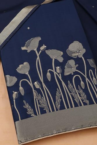 Soch Womens Navy Blue Russian Silk Zari Woven Unstitch Dress Material