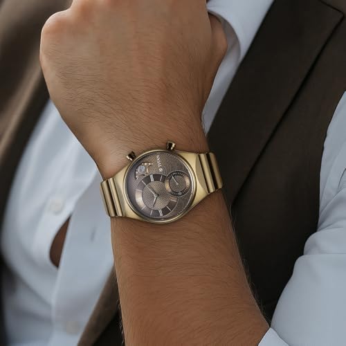 Titan Micromotors Analog with Date and Sun-Moon Sub-Dial and Khaki Dial Khaki Stainless Steel Strap Watch for Men - 90181QM01