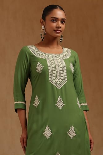 Soch Womens Green Rayon Chikankari Embroidered Kurta