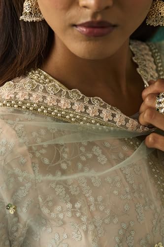 Wishful Women's Beige Floral Embroidered Anarkali Net Kurta with Churidar and Dupatta Set - (SP11502-401093-L)