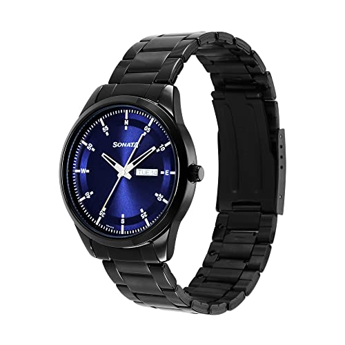 Sonata Force Quartz Analog with Day and Date Blue Dial Black Stainless Steel Strap Watch for Men - NT7146NM01