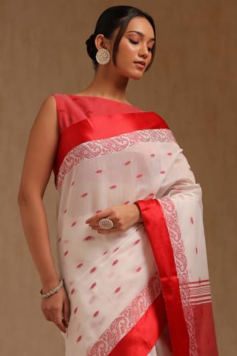 Soch Womens White Cotton Woven Design Saree