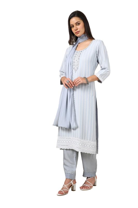 Soch Womens Grey Rayon Embroidered Suit Set With Mirror Work