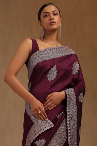 Soch Womens Magenta Tussar Embroidered Saree With Stone Work