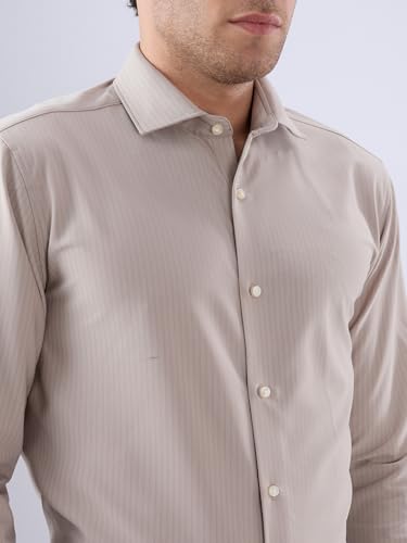 Raymond Men Regular Fit Knitted Pattern Pure Polyester Semi Cutaway Collar Full Sleeve Tail Bottom Hem Formal Shirt Dark Fawn