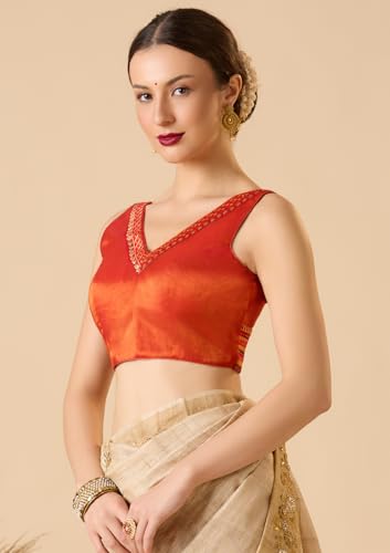 S SALWAR STUDIO Rust Cotton Tissue V-Neck Sleeveless Readymade Blouse
