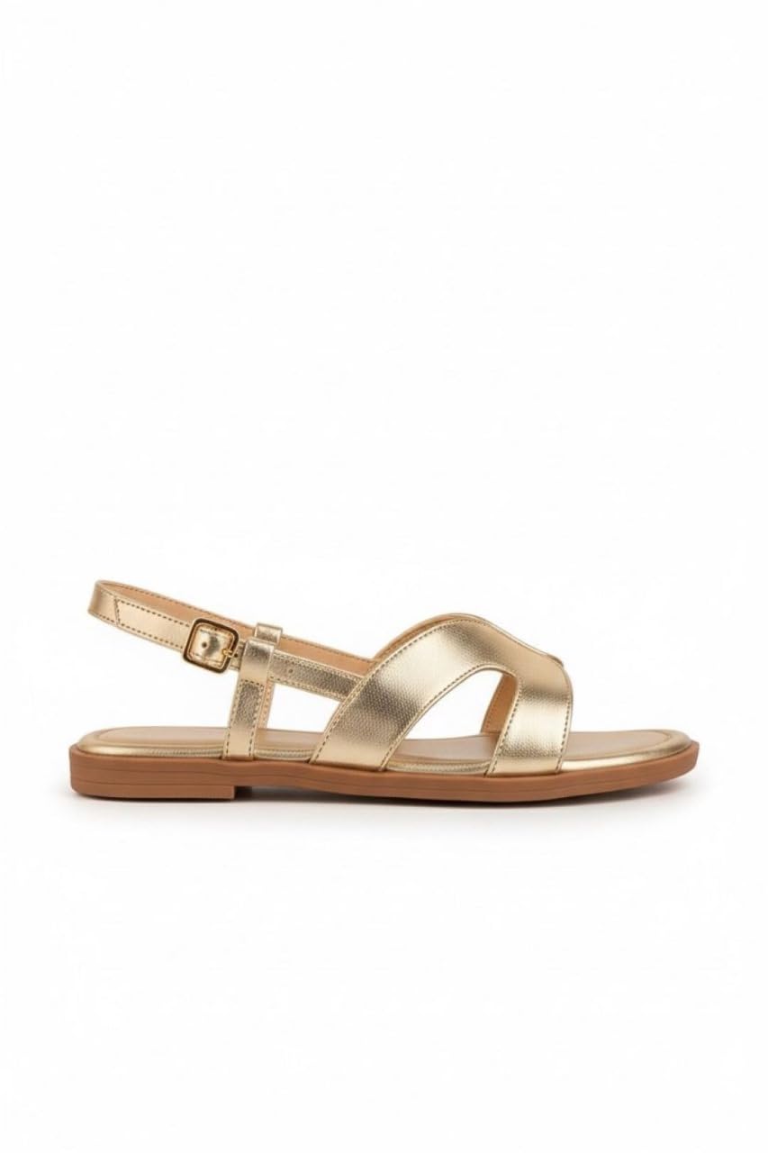 GLEMATOZ Women's Golden Flat Sandal Women & Girls Sandal Casual & Festive Comfortable Casual Stylish Summer & Party Footwear EU38