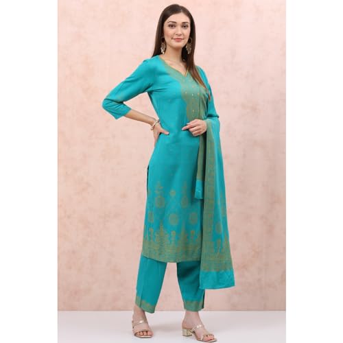 Rangriti Women Polyester Blend Yarndyed Suit Set (RSKWINTERW17223_Turquoise_M)