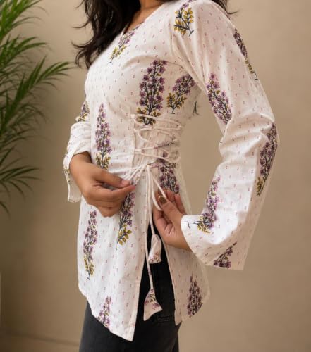 Kurvee Women Floral Print Cotton Kurti | Corset Style | Side Tie-Up Design | Straight Fit | Lightweight Breathable Fabric | Ethnic Kurta for Women | Comfortable Stylish Tunic Top | White, XL |