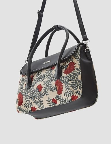 ZOUK Nawabi Cauture Floral Printed Jute Handcrafted Vegan Leather Red and Beige Women's Satchel Bag | Ladies Purse Handbag | Double Handle Detachable Strap