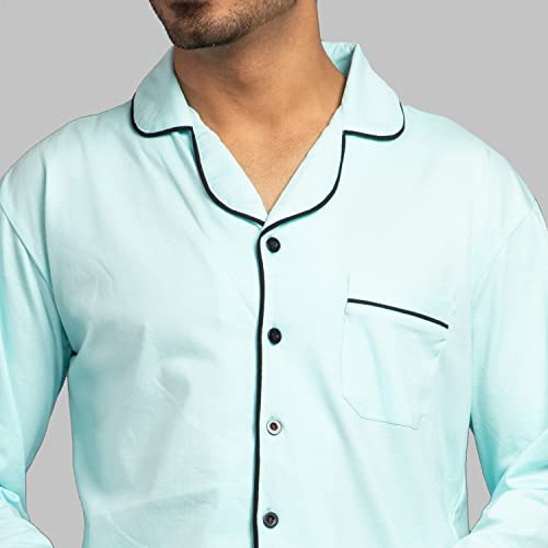 NITE FLITE Aqua Mens 100% Cotton Nightwear | Top and Pyjama Set (Mint, S)