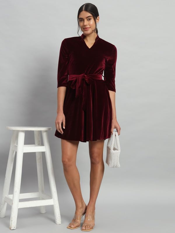 Vaararo Velvet Fit & Flare Mini Dress | Elegant with Belt & Mandarin Neck Sporty Maroon X-Small