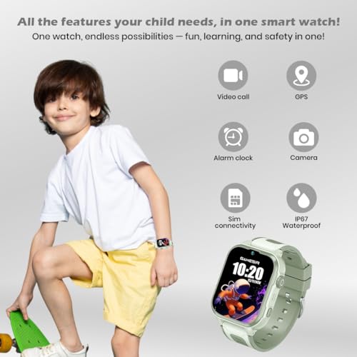 GameSir Safeguard Kids Smart Watch 5G/4G with SIM Calling, 800mAh Battery, GPS Tracker, SOS Alerts, Video Calling, Face Unlock, Voice Chat, Games, IP67 Waterproof (Olive Green)