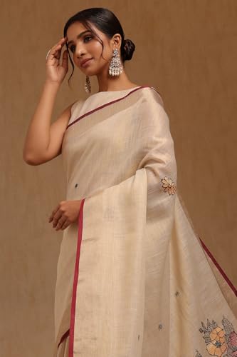 Soch Womens Beige Linen Embroidered Saree With Thread Work