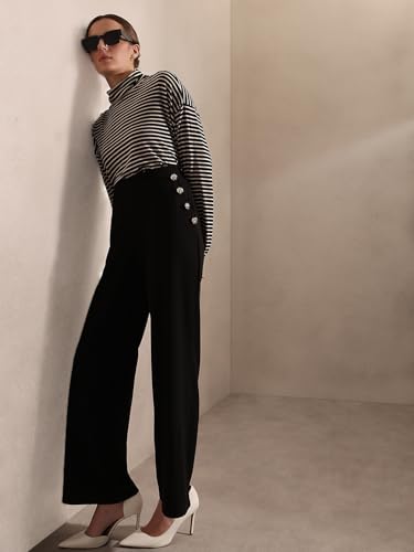 VERO MODA Women's Straight Fit High-Rise Black Pants