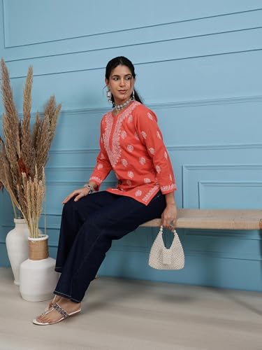 Ada Women's Cotton Regular Fit Top Tunic Hand Embroidered Lucknowi Chikankari Short Kurti A911387 Coral Red (Medium)