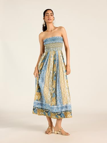 Label RITU KUMAR Blue Ecru Renelle Offshoulder Dress