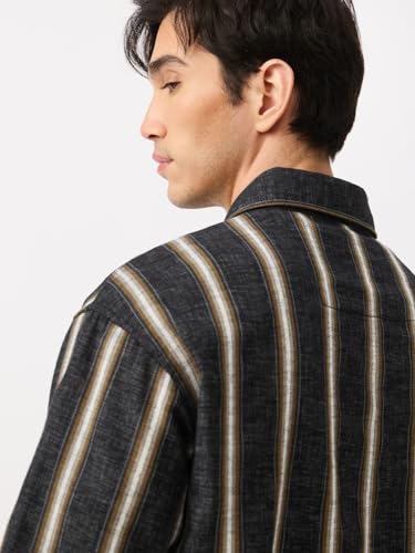 The Souled Store Striped Shirt: Mercury Men and Boys Long Sleeve Spread Collar Charcoal Grey Striped Cotton Blend Lightweight Easy to Style Everyday Office Wear Relaxed Shirt