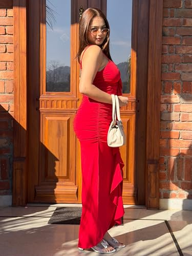 Tandul Women's Cotton Blend Shoulder Straps Red Dress - Maxi/Full Length Solid Fashion Medium Size for Office, Casual, Festive & Party (11834)