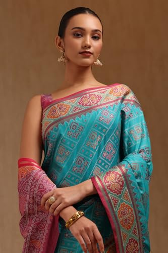 Soch Womens Turquoise Blue Silk Blend Woven Design Saree With Thread Work