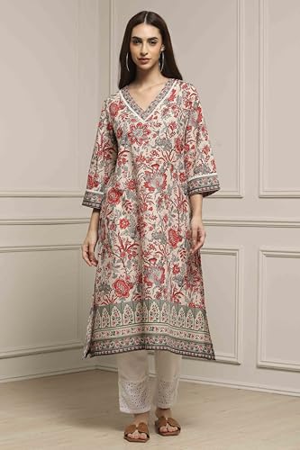 Biba Women Off White Cotton Straight Printed Kurta_42