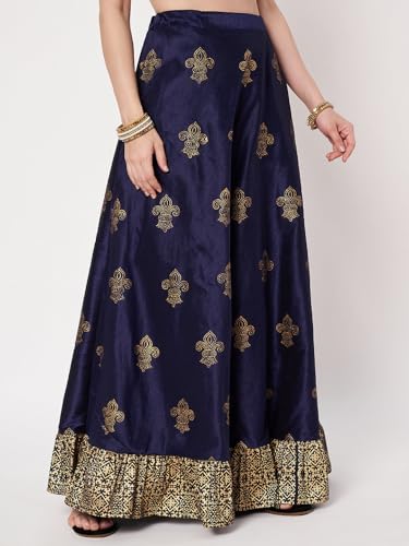 studio rasa Women's Dupion Block Printed Ruffle Bias Skirt for Wedding Festive Party(SKTC62507XL_Navyblue_X-Large)