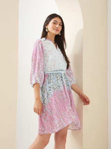 Latin Quarters Women Pink Mandarin Collar 3/4 Sleeves Fit & Flare Printed Casual Dress_M