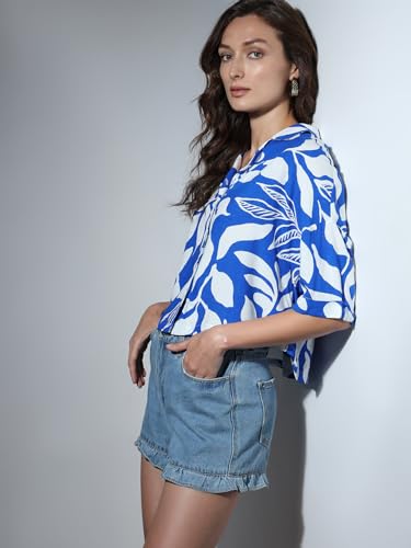 VERO MODA Women Abstract Print Blue Viscose Regular Fit Crop Shirt