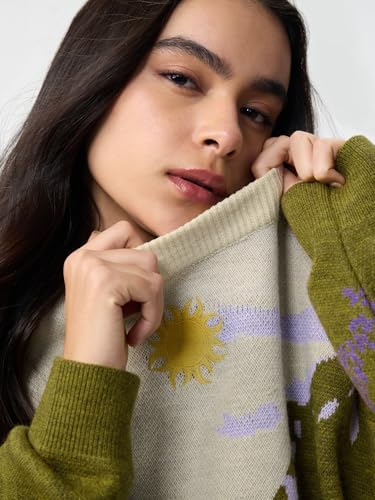 The Souled Store Lilac Sun Landscape Women and Girls Full Sleeves Round Neck Green Printed Acrylic Oversized Fit Lightweight Casual Pullover Sweater