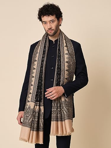 Zamour Kani Weave Woollen Shawl for Men, Traditional Design in Soft and Warm Fabric (Black and White)