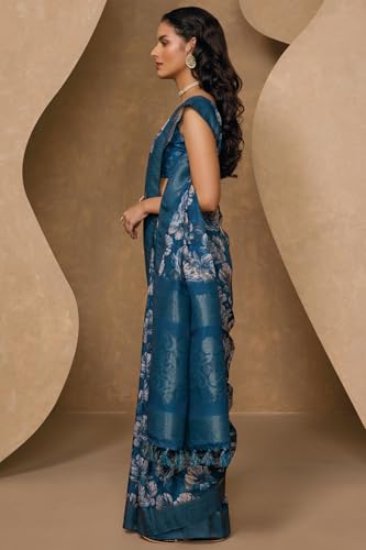 Soch Womens Blue Chanderi Floral Print Saree