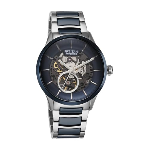 Titan Stainless Steel Ceramic Fusion Analog Automatic Blue Dial Stainless Steel Strap Watch for Men_90174Kd02, Bandcolor-Silver