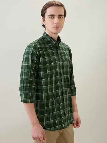 Raymond Men Regular Fit Checks Pattern Pure Cotton Button Down Collar Full Sleeve Casual Shirt Green
