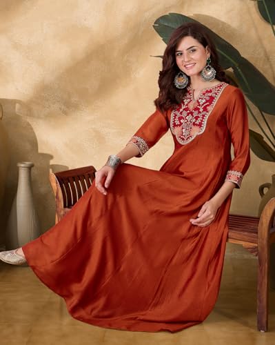 SheWill Orange Vichitra Silk Zari Sequence Thread Cording Embroidered Gown for Women – Elegant Floor-Length Ethnic Ensemble with Graceful Detailing SHEKR10215_ROOH_B