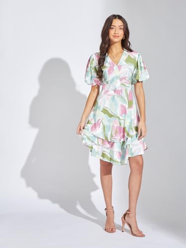 Latin Quarters Women Pink Printed A-Line Mini Dress with V-Neck and Half Sleeves Perfect for Casual Outings